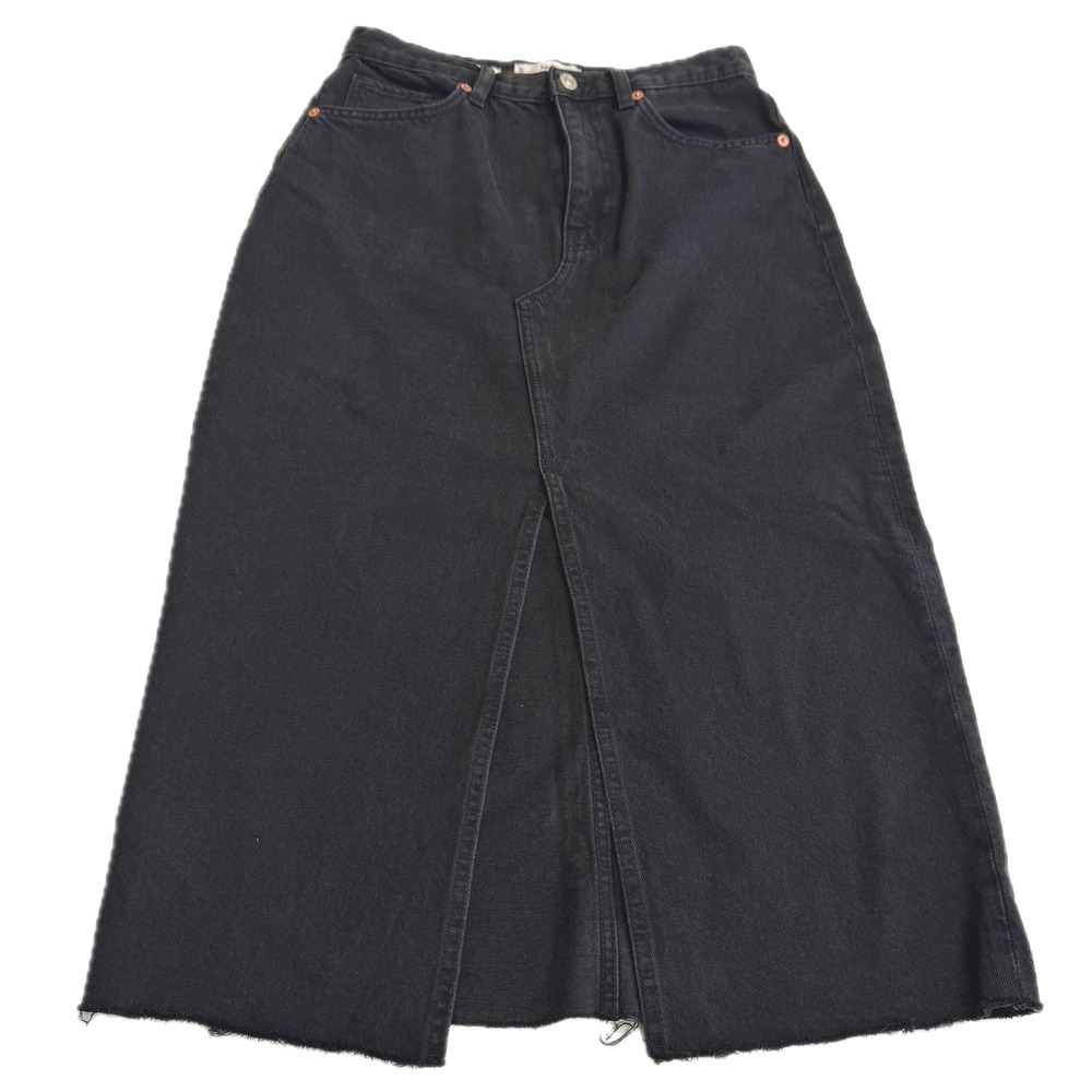 Mango Skirt Womens Medium Black Anais Denim Maidi Front Slit Raw Hem‎ MNG